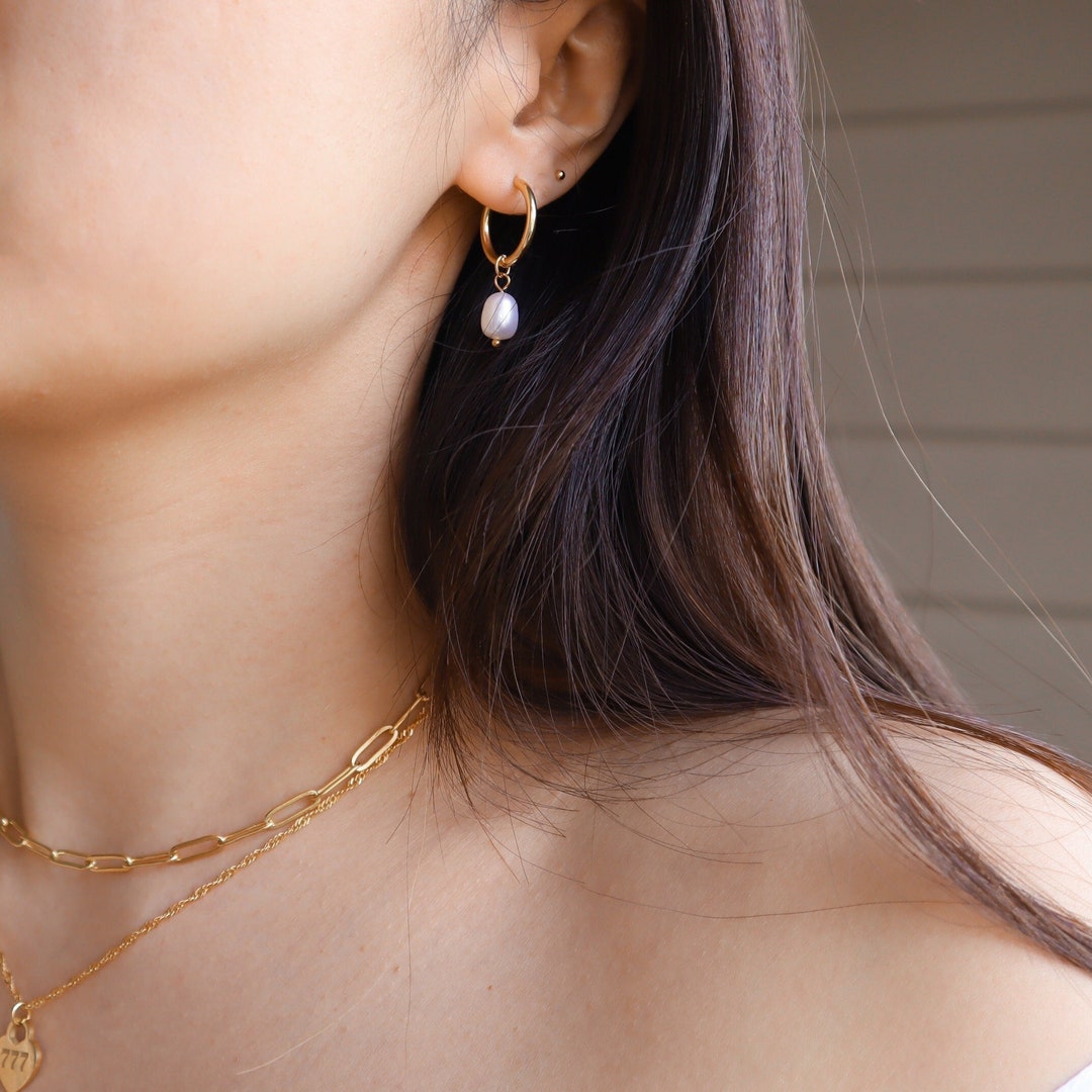 18k Gold Freshwater Tiny Pearl Dangle Earrings, Bridal 18K Stainless