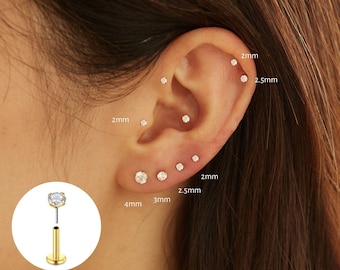 Waterproof- 18G Titanium Threadless Push Pin Flat Back 2mm 2.5mm 3mm 4mm Stud, tragus stud • conch earrings • cartilage helix stud