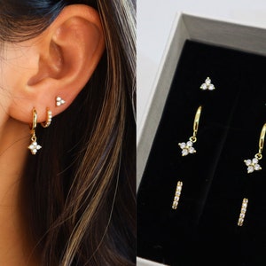 Ensemble de boucles d'oreilles en argent sterling avec trèfle à 4 feuilles en or 18 carats, fleurs, boucles d'oreilles, cadeau pour elle, cadeau de la Saint-Valentin