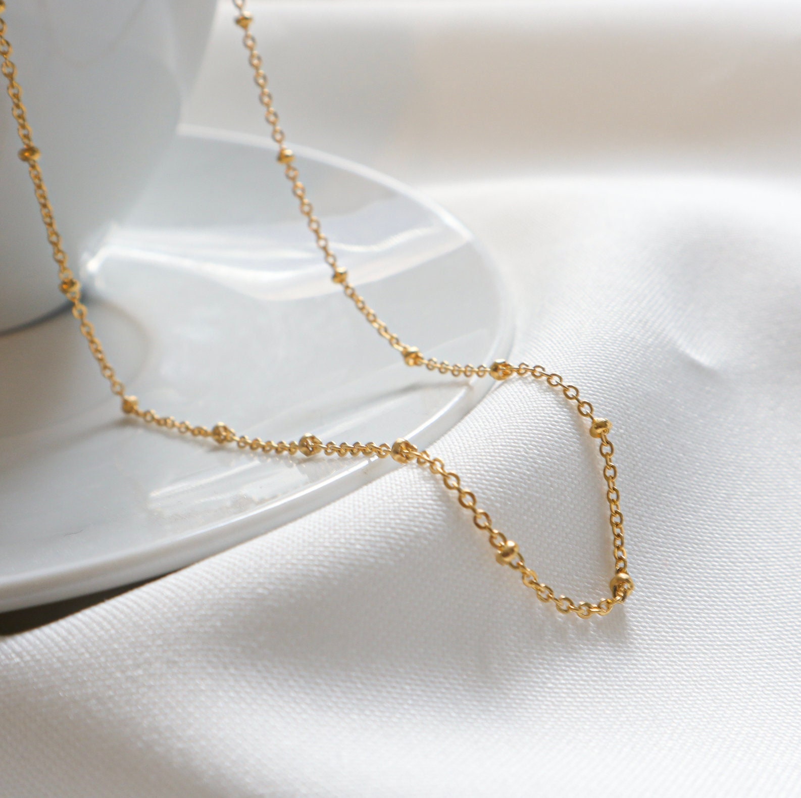 Dainty Gold Plated Satellite Chain Necklace For Women - Cubic Zirconia Drop, 14K Gold Plated, Adjustable