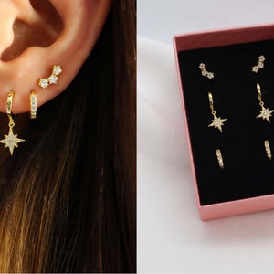 Ensemble de boucles d'oreilles étoile en argent sterling or 18 carats étanches, boucles d'oreilles étoile, bijoux célestes, cadeau de la Saint-Valentin, cadeau pour elle