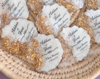 Personalized Wedding Magnet Favors: Gold Epoxy, Natural Stone