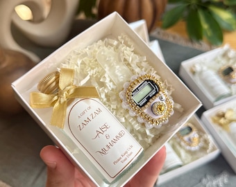 Personalized Islamic Wedding Gifts: Zam Zam bottle and Digital prayer beads (zikirmatik) in the box