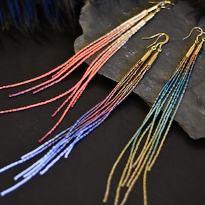 The Minx *** Long Boho Beaded Fringe Earrings / Colorful Handmade Beaded Duster Earrings / Extra Long Tassel Seed Bead Earrings