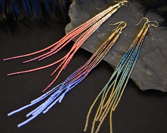 The Minx *** Long Boho Beaded Fringe Earrings / Colorful Handmade Beaded Duster Earrings / Extra Long Tassel Seed Bead Earrings