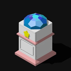May include: A white pedestal with a pink base and a blue gem on top. The gem has a yellow star on the side.