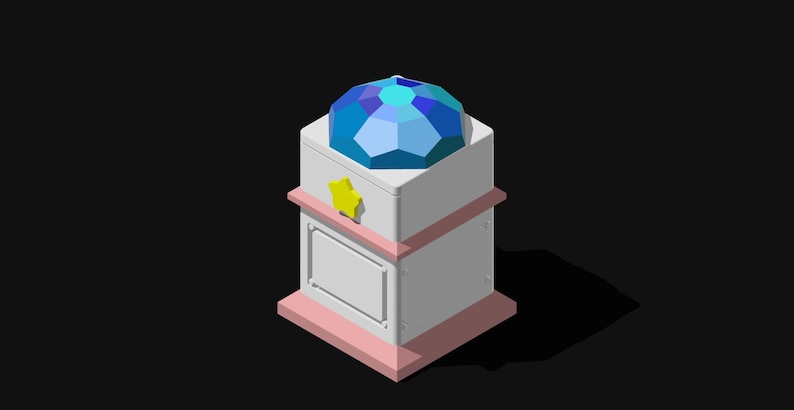 May include: A white pedestal with a pink base and a blue gem on top. The gem has a yellow star on the side.