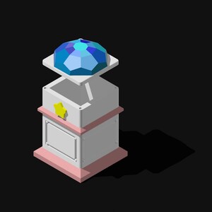 May include: A white pedestal with a pink base and a blue gem on top. The gem is faceted and has a light blue, dark blue, and white colour scheme.