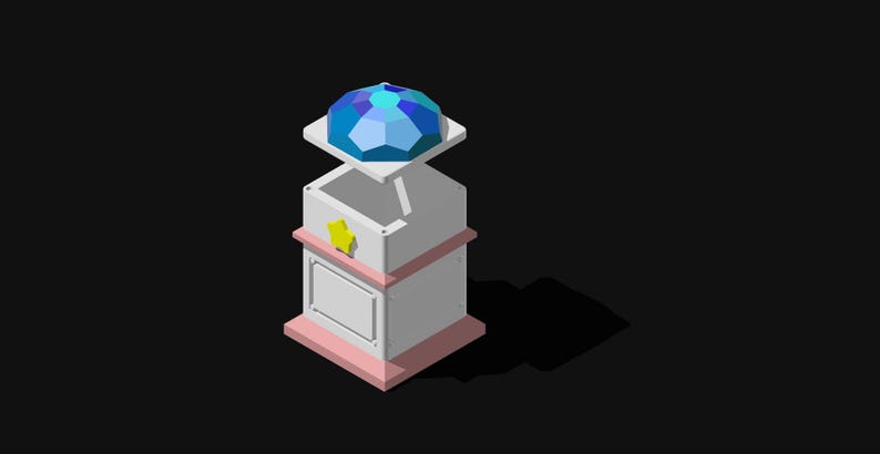 May include: A white pedestal with a pink base and a blue gem on top. The gem is faceted and has a light blue, dark blue, and white colour scheme.