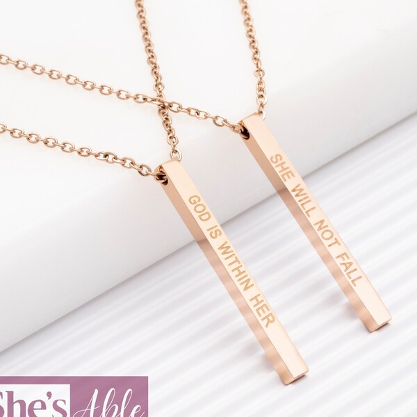 God is within her, she will not fall necklace. | Affirmation | Inspirational Jewelry | Stainless Steel| Rose Gold | Christian Jewelry