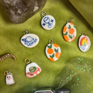 Porcelain Ceramic Necklace Bracelet Charms Hand Painted Handmade Unique Good Luck Love Gift Handcrafted Wearable Art Snake Kitty Rainbow