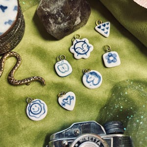 90s Aesthetic Porcelain Ceramic Blue And White Hand Painted Handmade Charms Non Toxic Handcrafted Art Floral Flower Happy Face Heart