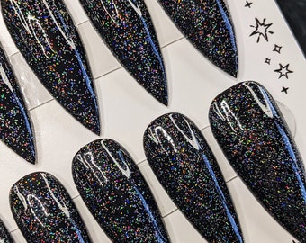 Classic Holographic Black  |  press on nails