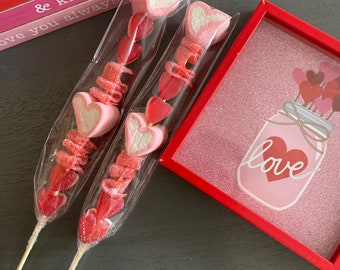 Valentine’s heart candy kabobs party favors treat boxes sweet sour candy candy on a stick birthday party holiday treats