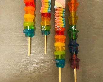 Rainbow gummy bears / or add a unicorn gummy  candy kabobs party favors candy on a stick birthday party