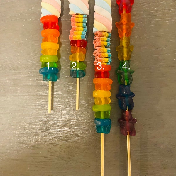 Rainbow gummy bears / or add a unicorn gummy  candy kabobs party favors candy on a stick birthday party