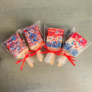 Red white and blue  candy coated rice crispy pops  patriotic treats, party favors Fourth of July