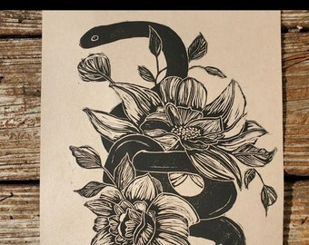 Snake and Flowers Linocut Print