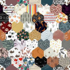 May include: A colourful patchwork pattern with hexagonal shapes. The pattern features various designs, including stripes, polka dots, floral prints, and geometric shapes. The colours are bright and vibrant, including red, blue, green, yellow, and orange.
