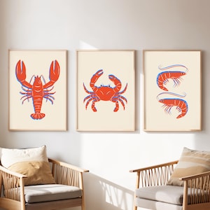 Lobster Crab Shrimp Gallery Wall Set of 3, Seafood Contrast Trim Pop Art Minimalist Shellfish Print, Living Room Nautical Crustacean Decor