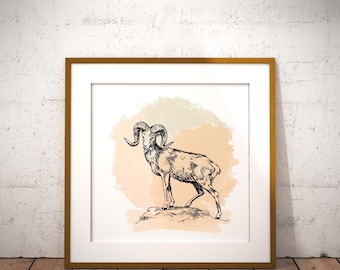 Download digitale minimalista di Bighorn - Decorazioni per la fauna selvatica in toni neutri - Poster vintage di ariete di montagna - Arte murale dell'Ariete per la casa moderna