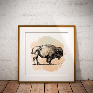 Può includere: Stampa artistica incorniciata con un'illustrazione a penna e inchiostro di un bisonte. L'opera d'arte ha uno sfondo morbido in stile acquerello nei toni del pesca e beige. La stampa è racchiusa in una cornice di legno.