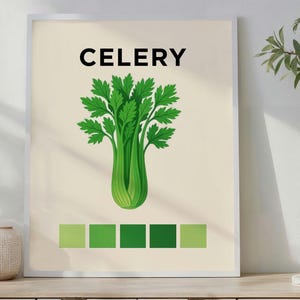 May include: A framed print featuring a detailed illustration of a celery stalk with vibrant green leaves. The word "CELERY" is printed in bold black letters above the image. Below the celery, a row of green color swatches is displayed.