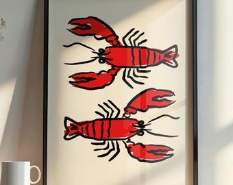 Kreeft zeevruchten print voor strandhuis, kustkeuken visser esthetische muurkunst, Marine & Ocean Life Food Lover Gift, rode nautische poster