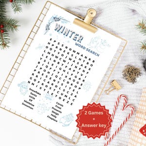 May include: A festive winter word search puzzle on a gold clipboard. The puzzle features the word "WINTER" at the top, with a list of words to find. A red sticker with "2 Games + Answer key" is visible. Candy canes and holiday decor surround the clipboard.