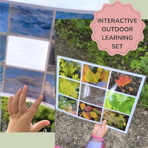 May include: An interactive outdoor learning set featuring two rectangular cards with grid layouts. One card displays various sky and cloud patterns, while the other shows a collection of colourful leaves and foliage in a nine-panel grid arrangement.