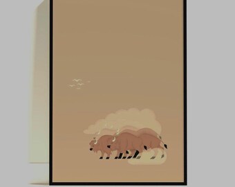 Estampa digital minimalista de búfalo americano em tons terrosos para quarto de bebê com estampa de bisão em tons neutros.