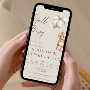 Baby Shower Digital Invite Bear Customisable Digital Download Canva Invitation Oh Baby Bear Balloons White Minimalist Teddy Balloon Editable