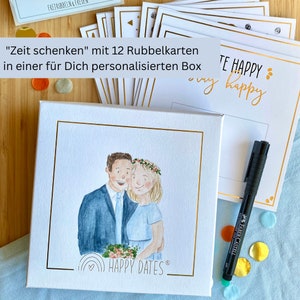 Zeit schenken: HAPPY DATES Box mit Illustration und 12 Rubbel-Gutscheinen für 1 Jahr voller Glücksmomente