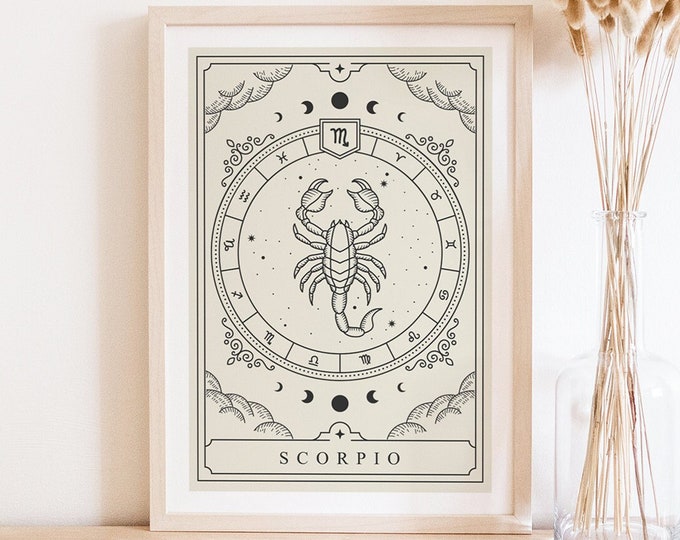 Skorpion Tarot Karte Poster / Druck / Sternzeichen Poster / Boho Dekor / Celestial Decor / Spirituelle Geschenke / Astrologie Print / Sternzeichen Poster