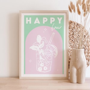 Retro Happy Hour Poster / Pink Green Print / Trendy Wall Art / Colourful Decor / Bright Prints / Boho Decor / Funky Poster / Cocktail Print