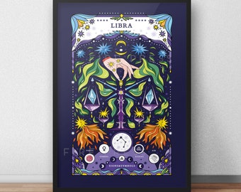 Illustrated Libra Print / Zodiac Poster / Star Sign Gifts / Boho Decor / Celestial Print / Horoscope Gifts / Astrology / Funky Wall Art