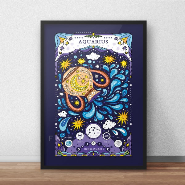 Illustrated Aquarius Print / Zodiac Poster / Star Sign Gifts / Boho Decor / Celestial Print / Horoscope Gifts / Astrology / Funky Wall Art