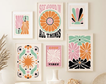 Gallery Wall Set of 6 / Boho Wall Art / Good Vibes / Positive Posters / Mint Pink / Retro Funky Groovy Prints / Bundle / Abstract Decor