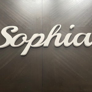 Może przedstawiać: Białe litery w stylu ozdobnym, tworzące imię "Sophia" na ciemnoszarym tle.