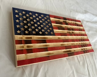 Shelf Torched Wooden American Flag l Carved Solid pine Engraved Decor l Small Rustic USA Flag l Shelf and Mantle Patriotic Art