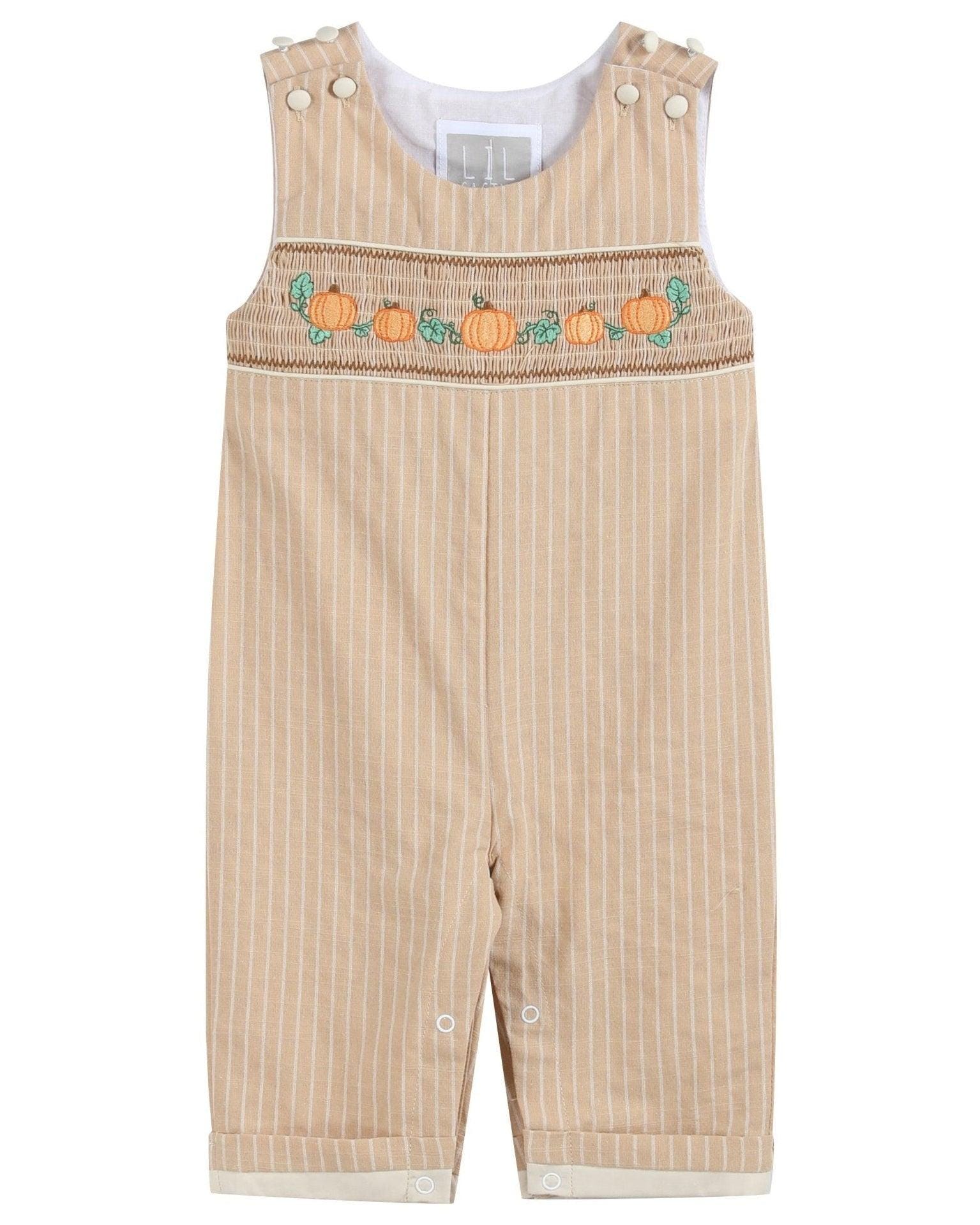 Light Brown Pinstripe Pumpkin Smocked Overalls