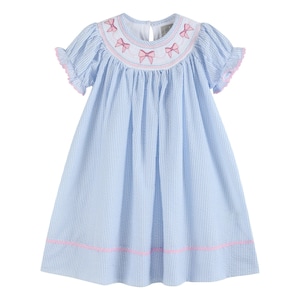 Blue Seersucker Bow Smocked Bishop Dress