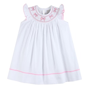 White and Pink Bows Smocked Bishop Dress