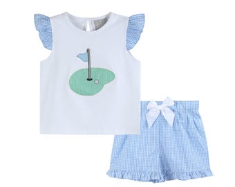 Girls Light Blue Gingham Golf Tee and Shorts 2pc Set