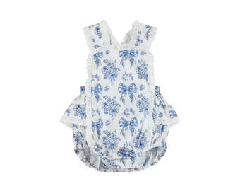 Blue and White Print Apron Ruffle Romper