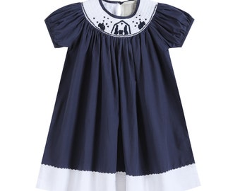 Blue and White Christmas Nativity Smocked Bishop Dress