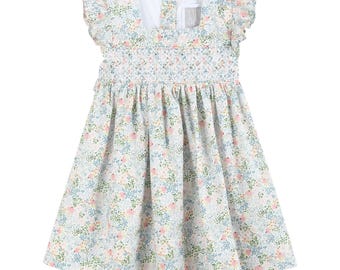 Pink Floral Print Smocked Flutter Dress