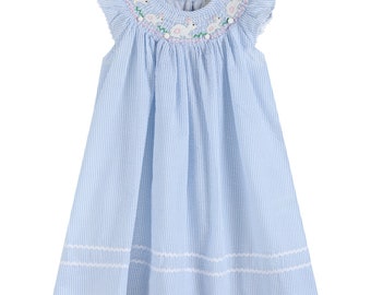 Blue Seersucker Easter Bunny Smocked Bishop Dress