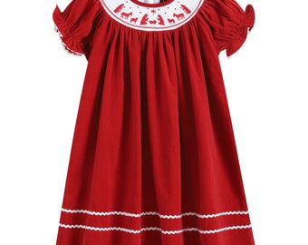 Red Corduroy Christmas Nativity Smocked Bishop Dress
