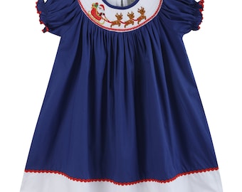 Royal Blue Santa and Sleigh Smocked Bishop Dress